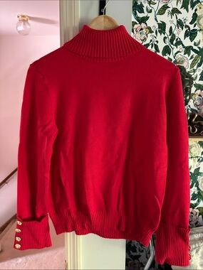 Express Red Turtleneck Sweater with Gold Button Cuffs